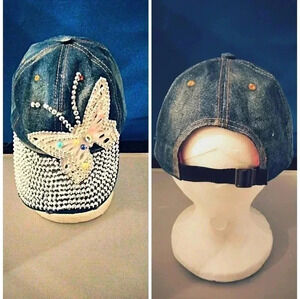 Blue Denim Rhinestone Butterfly baseball cap NWOT